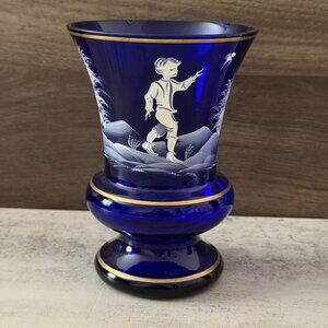 Antique Mary Gregory Cobalt Blue White Enamel Hand Painted Child Glass Vase 8"